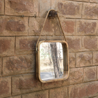 Square mirror with wooden frame and rope hanger