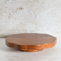 A round wooden serving board | Lazy Susan scalloped edge, made from medium brown wood.