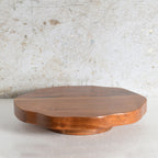 A round wooden serving board | Lazy Susan scalloped edge, made from medium brown wood.