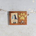 Wooden photo frame with a  paw print and a small hook mounted on plyobard