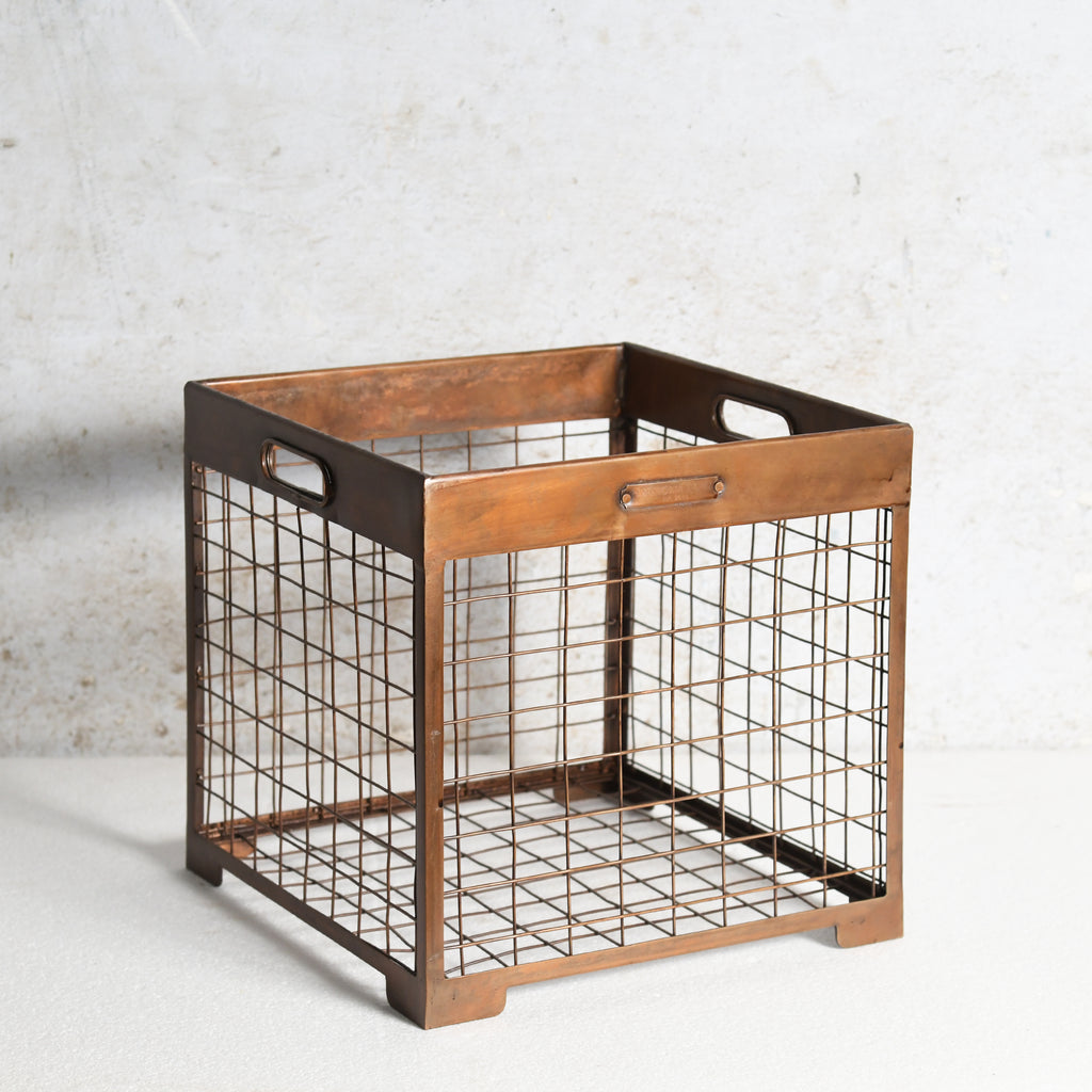 Square metal wire basket with side handles and wooden sides