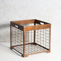 Square metal wire basket with side handles and wooden sides
